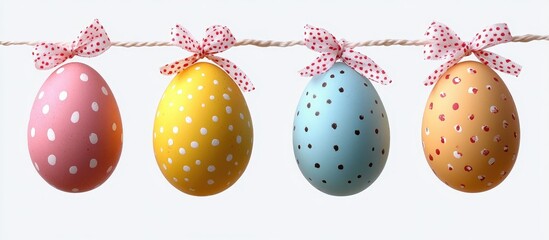 Poster - Colorful polka-dotted Easter eggs hanging from ribbons on a string against a light background celebrating Easter festivities