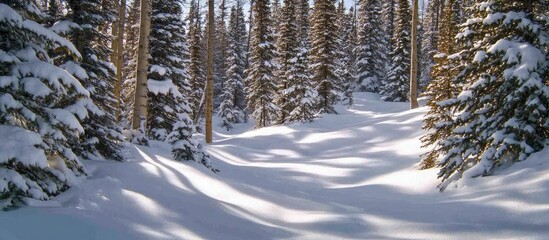 Wall Mural - Snow-covered coniferous forest with pine and fir trees creating a serene winter landscape under bright sunlight