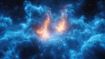 Leinwandbilder - Close up of vibrant blue gas flame glowing against a dark cosmic background with fiery accents and swirling ethereal clouds.