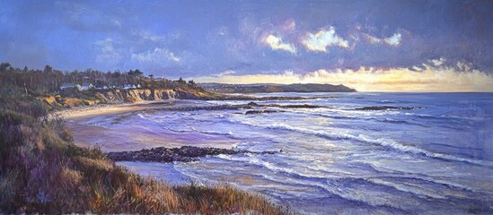 Poster - Serene beach landscape at dusk with gentle waves and cloudy sky reflecting warm sunset hues. Nature's tranquility by the water.