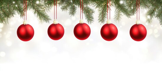 Poster - Festive red Christmas baubles hanging from pine branches against a soft bokeh background with ample copy space for seasonal greetings.