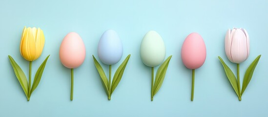 Fototapete - Colorful Easter eggs arranged with tulips on a soft blue background for a vibrant spring celebration theme