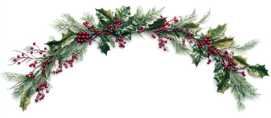 Poster - Christmas wreath adorned with fir branches, holly leaves, and red berries for festive holiday decoration