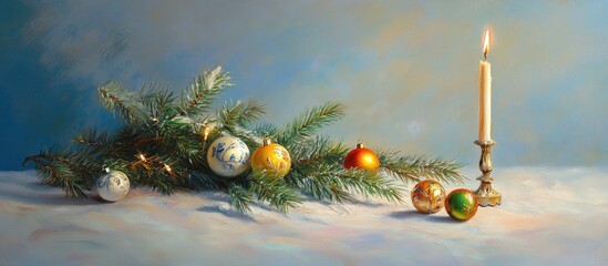 Aufkleber - Festive Christmas scene featuring pine branches golden ornaments and a candle on a serene blue background for holiday decoration themes