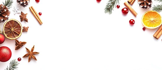 Aufkleber - Festive Christmas Decorations with Oranges Cinnamon Pine Cones and Anise on White Background for Holiday Themed Design and Copy Space