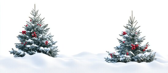Poster - Snow covered fir trees decorated with red ornaments on a white background perfect for Christmas and holiday themed designs and advertisements
