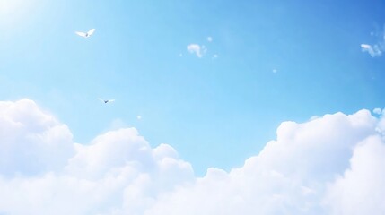 Aufkleber - Serene dawn sky with fluffy white clouds and gentle sunlight illuminating a clear blue backdrop.