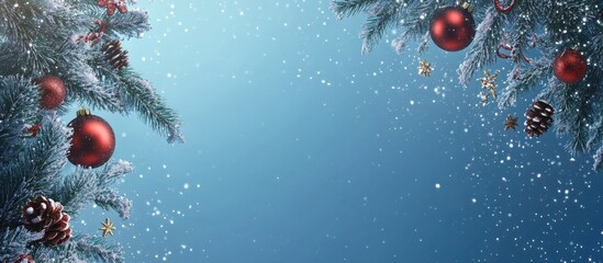 Poster - Elegant Christmas wreath made from fir branches and festive decorations on a serene blue background with falling snowflakes.
