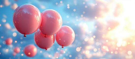 Poster - Colorful balloons drifting in a soft blue sky with dreamy clouds creating a festive and joyful atmosphere for celebrations or holidays