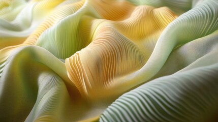 Poster - Vibrant yellow and green fabric with intricate spiral patterns showcasing delicate folds and a luminous flowing texture