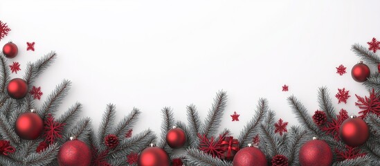 Aufkleber - Christmas decorations with fir branches red ornaments and stars on a white background for festive holiday themes and seasonal celebrations