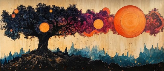 Aufkleber - Cosmic Tree of Life Artwork Blending Nature and Celestial Elements in Vibrant Colors and Abstract Design