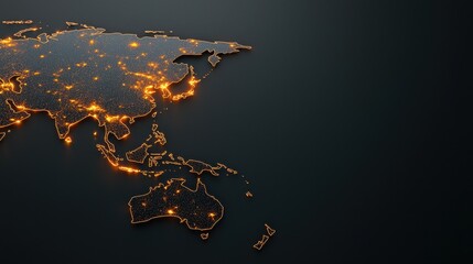 Poster - A glowing map of Asia at night, highlighting cities and regions with illuminated outlines against a dark background.