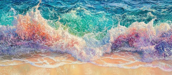 Aufkleber - Vibrant ocean waves crashing on a sandy beach with colorful foam and intricate water textures creating a serene coastal landscape