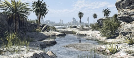 Aufkleber - Serene Beach Landscape with Palm Trees and Stream in a Coastal Environment
