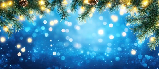 Aufkleber - Festive Christmas decorations with fir branches and sparkling lights against a vibrant blue background creating a holiday atmosphere