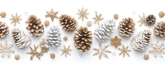 Poster - Tranquil Christmas backdrop with pine cones and snowflakes on a white surface ideal for holiday promotions and festive designs