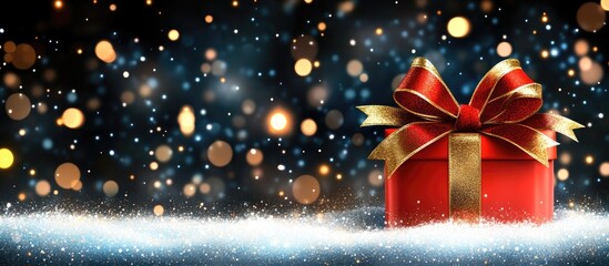 Aufkleber - Red Christmas gift box with gold ribbon on snow background adorned with soft bokeh lights creating a festive holiday atmosphere