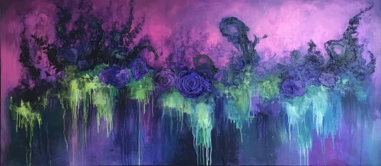 Poster - Abstract floral painting with vibrant purple and green colors featuring roses and fluid artistic drips on a textured canvas.
