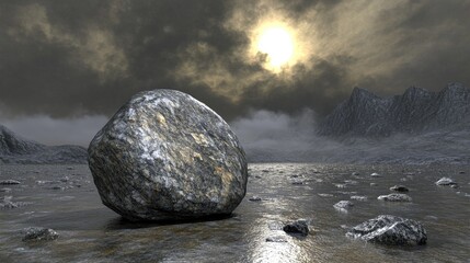 Aufkleber - Majestic Rock Amidst Dramatic Sky Reflecting Sunlight Over Serene Water Landscape