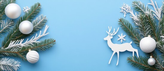 Aufkleber - Festive Christmas and New Year decor with reindeer and ornaments on a vibrant blue background surrounded by evergreen branches and snowflakes