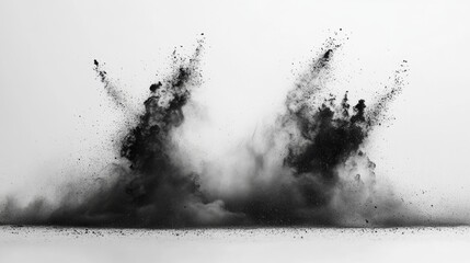 Leinwandbilder - Black particles splashing and exploding on a white surface creating dynamic patterns of dust and powder dispersal in artistic composition
