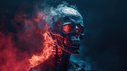 Wall Mural - Smoldering skull with glowing eyes surrounded by fire and smoke creating a dramatic and eerie atmosphere in dark lighting