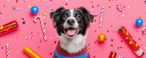 Wall Mural - Year-end fun with party vibe dog concept. Happy dog in a festive sweater surrounded by colorful party decorations