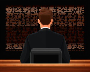 Leinwandbilder - A person in a suit sits at a desk, facing a wall of glowing text, suggesting themes of technology, data analysis, or programming.