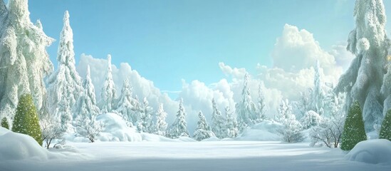 Aufkleber - Winter wonderland landscape with snow-covered trees and a bright blue sky ideal for holiday themes and seasonal backdrops.