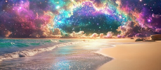 Poster - Vibrant cosmic beach scene with colorful waves and starry sky creating a magical atmosphere at twilight during a serene celebration night