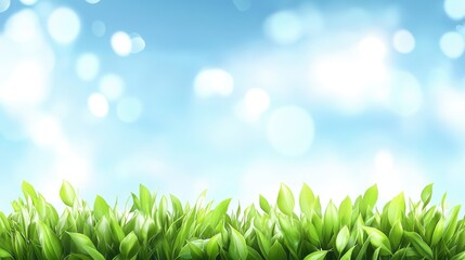 Fototapete - Lush green grass with soft bokeh effect under a sunny sky creating an abstract spring eco garden atmosphere in an urban setting