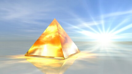 Leinwandbilder - Abstract Orange Steel Pyramid Illuminated by Bright Rays Against a Sky Blue Background in a Surreal Digital Landscape