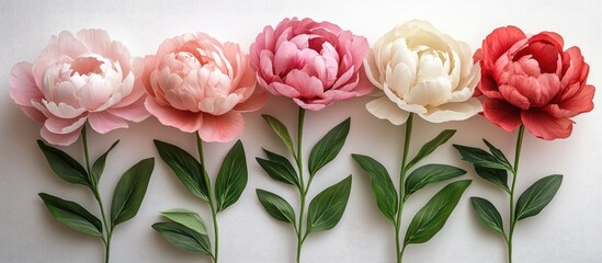 Poster - Peony Flower Bouquet Collection with Varied Colors and Green Leaves on White Background