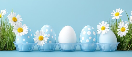Fototapete - Easter eggs arranged in a blue plastic holder with daisies and grass on a light blue background for festive spring celebrations