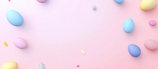 Fototapete - Colorful Easter eggs scattered on a pastel background with empty space for creative holiday banner or web design flat lay composition.