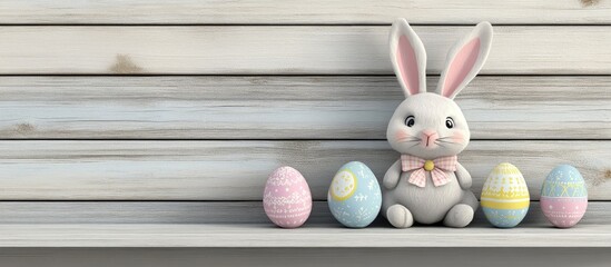 Aufkleber - Colorful Easter eggs and a cute rabbit on a rustic wooden shelf for festive decoration ideas