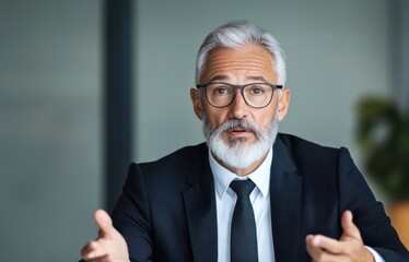 Poster - A professional-looking older man with glasses discusses ideas in a modern office setting.