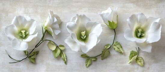 Aufkleber - White eustoma flowers arranged elegantly on a light wooden background showcasing their delicate beauty and natural charm