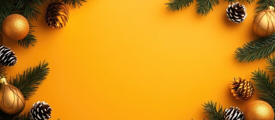 Aufkleber - Festive Christmas card layout with golden ornaments pinecones and evergreen branches on bright orange background for personalized greetings