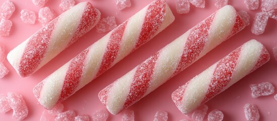Poster - Festive peppermint candy canes on pink backdrop with sugar crystals perfect for holiday themes and Christmas promotions