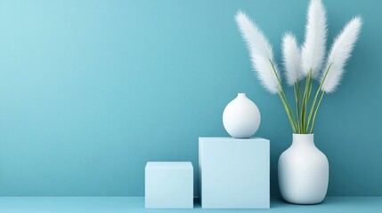 Poster - Minimalist home decor scene featuring a white vase with lagurus grass on blue background with geometric podiums for product showcase
