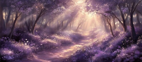 Poster - Enchanted forest with soft purple blossoms and sunlight filtering through the trees creating a serene and magical atmosphere.