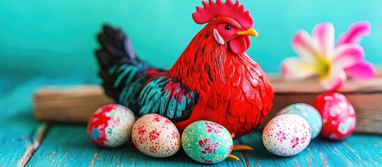 Aufkleber - Colorful chicken toy with Easter eggs displayed on rustic wooden planks in a vibrant spring setting.