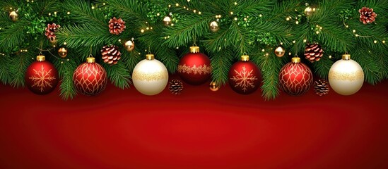Poster - Festive Christmas background with beautifully decorated ornaments hanging on a lush green tree with a rich red backdrop.