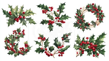 Poster - Holly branches and wreaths with berries for Christmas holiday decorations isolated on white background.