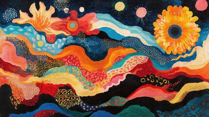 Fototapete - Vibrant abstract artwork with bold colors and dynamic shapes representing a modern artistic expression in textile design.