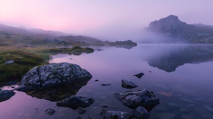 Wall Mural - a misty mountain lake perfectly still under a pastel sunrise