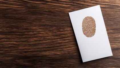 Poster - A white card featuring a prominent fingerprint is placed on a wooden surface, highlighting themes of identity and security.