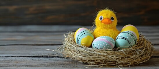 Wall Mural - Easter chick toy surrounded by colorful eggs in a rustic nest on wooden surface for holiday decorations